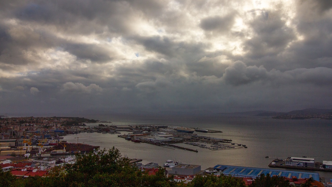 vigo, city, port, spain, industry, sea, storm, rain, weather, clouds, darling, buildings, urban, architecture, landscape, horizon, job, galicia, fishing