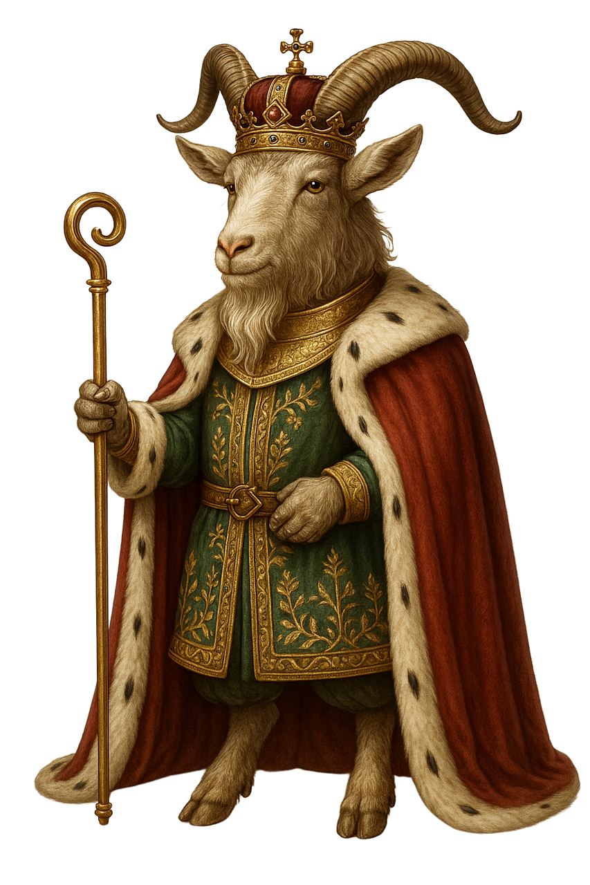 royal goat, king goat art, anthropomorphic goat, fantasy goat king, regal animal portrait, goat in royal robe, majestic goat character, farm animal fantasy, noble livestock, goat in crown, ai generated