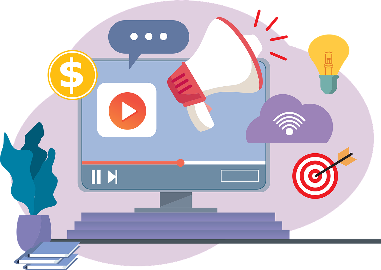 computer, marketing, megaphone, announcement, digital marketing, video marketing, technology, flat drawing, plant, desk, office, cloud