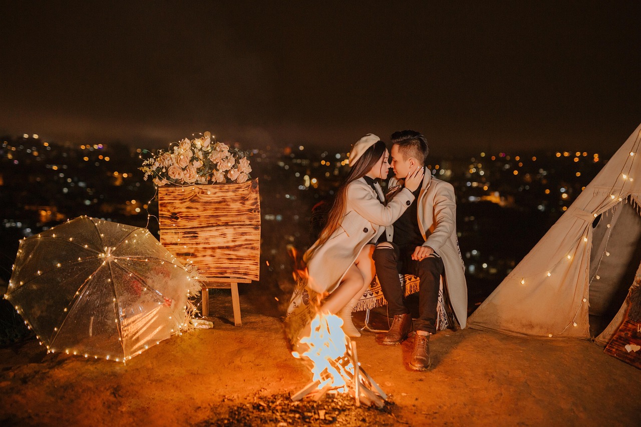 couple, romantic, camping, lovers, wedding, bride, groom, woman, man, romance, affection, relationship, love, happy, happiness, da lat, da lat city, bonfire, campfire