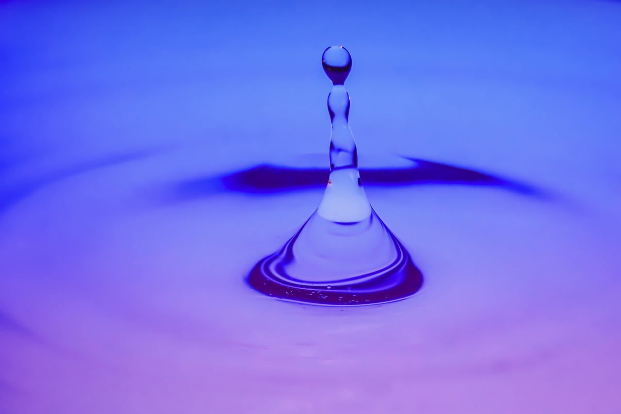 waterdrop, macro, water, purple, blue, splash, waves, fluid