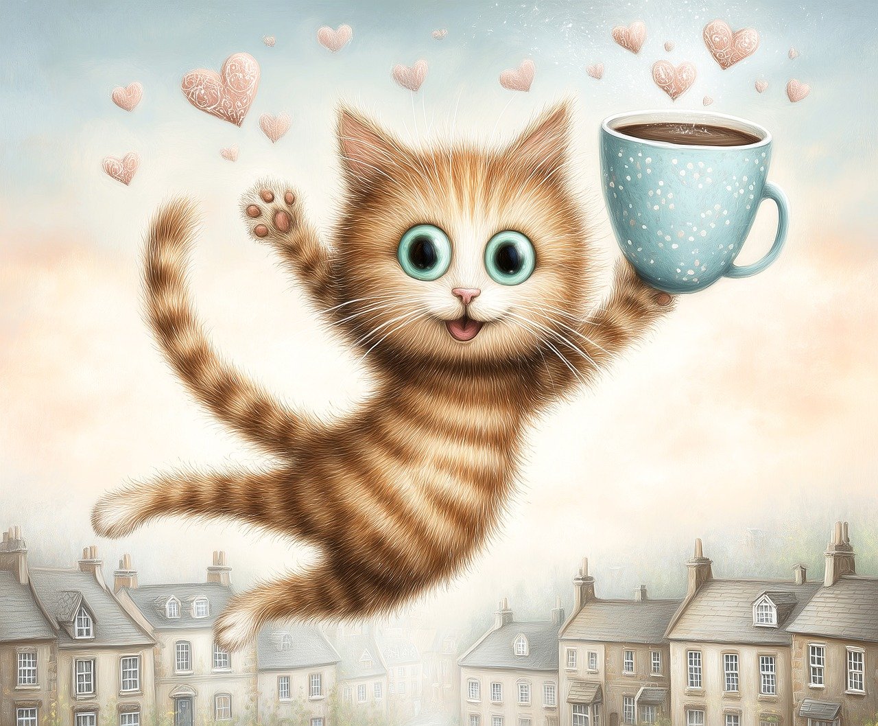 ai generated, cat, mackerel, pet, coffee pot, hearts, flying, good morning, fun, cute, red, city, animal, social media, coffee, invitation, tiktok, wish you