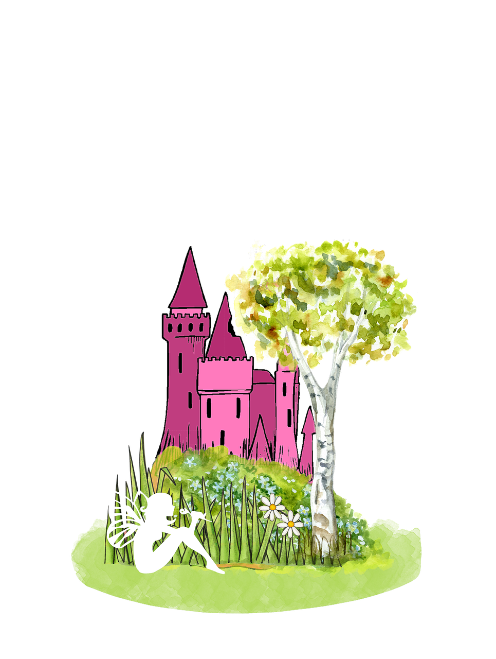 fairy, fantasy, magic, dream, mysterious, girl, mystical, woman, castle, palace, tower, nature, drawing, cute, cutout, surreal, landscape, design