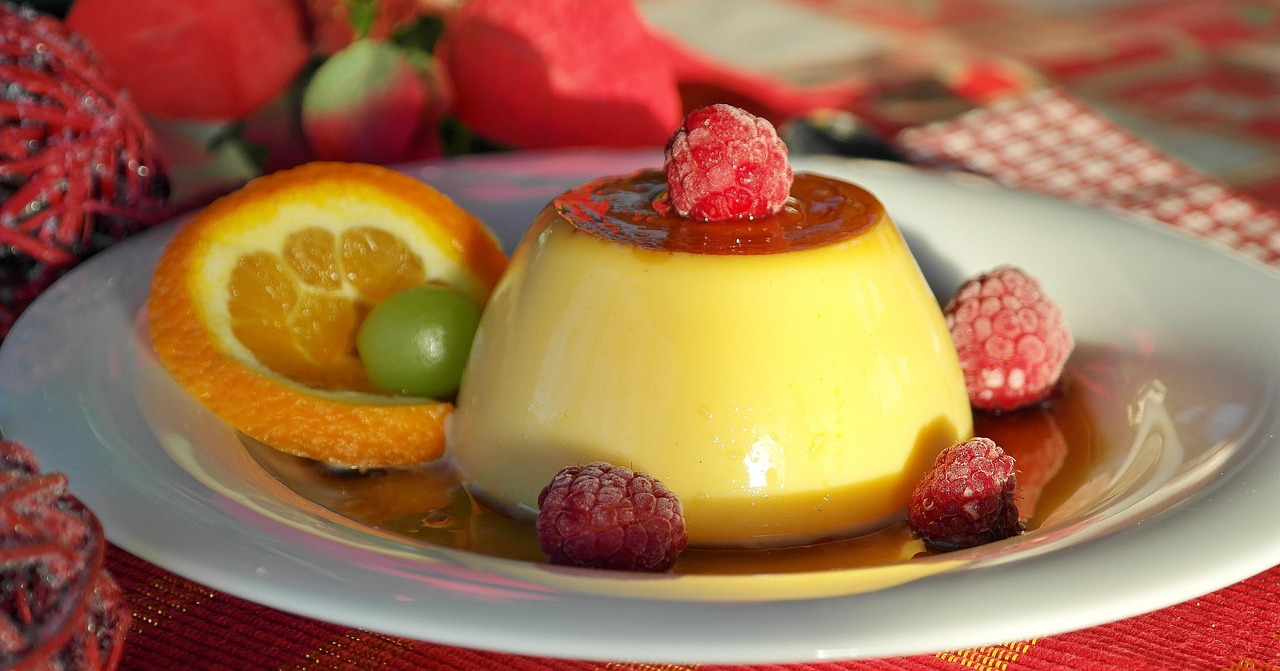 caramel, cream, vanilla pudding, dessert, dish, food, plate, pudding, cute, yummy
