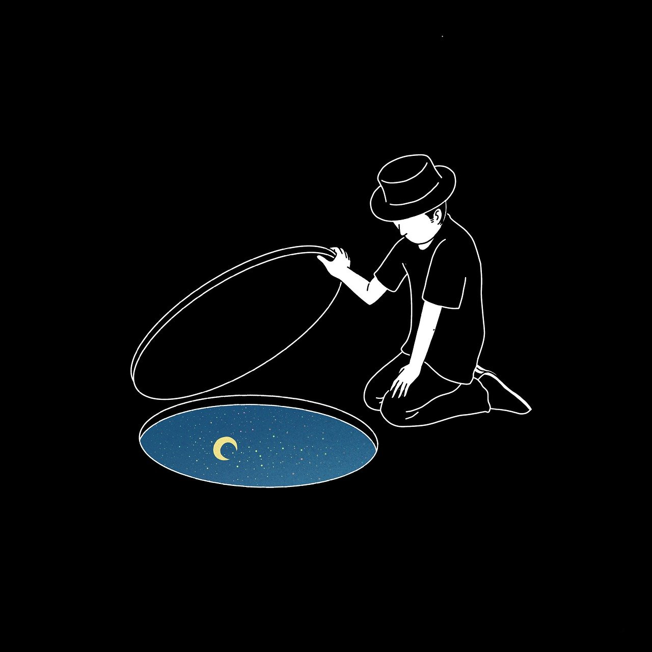 man, moon, night, underground, manhole cover, dream, surreal, cartoon, painting, imagination, fantasy, creativity, sketching, art, sewer, sky, freedom, captivity, loneliness