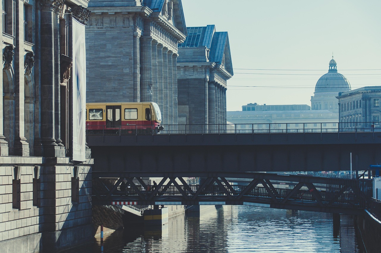 train, building, transport, museum island, city, berlin