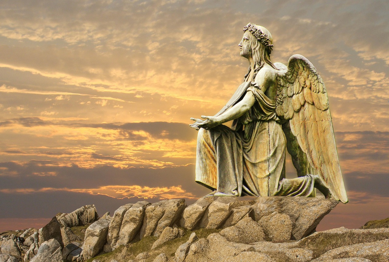 angel, statue, sculpture, heaven, art, travel, artwork, figure, stone figure, characters, stone, steinmetz, kneeling, faith, religious, pray, church, handicrafts, sculptor, fantasy, clouds, light