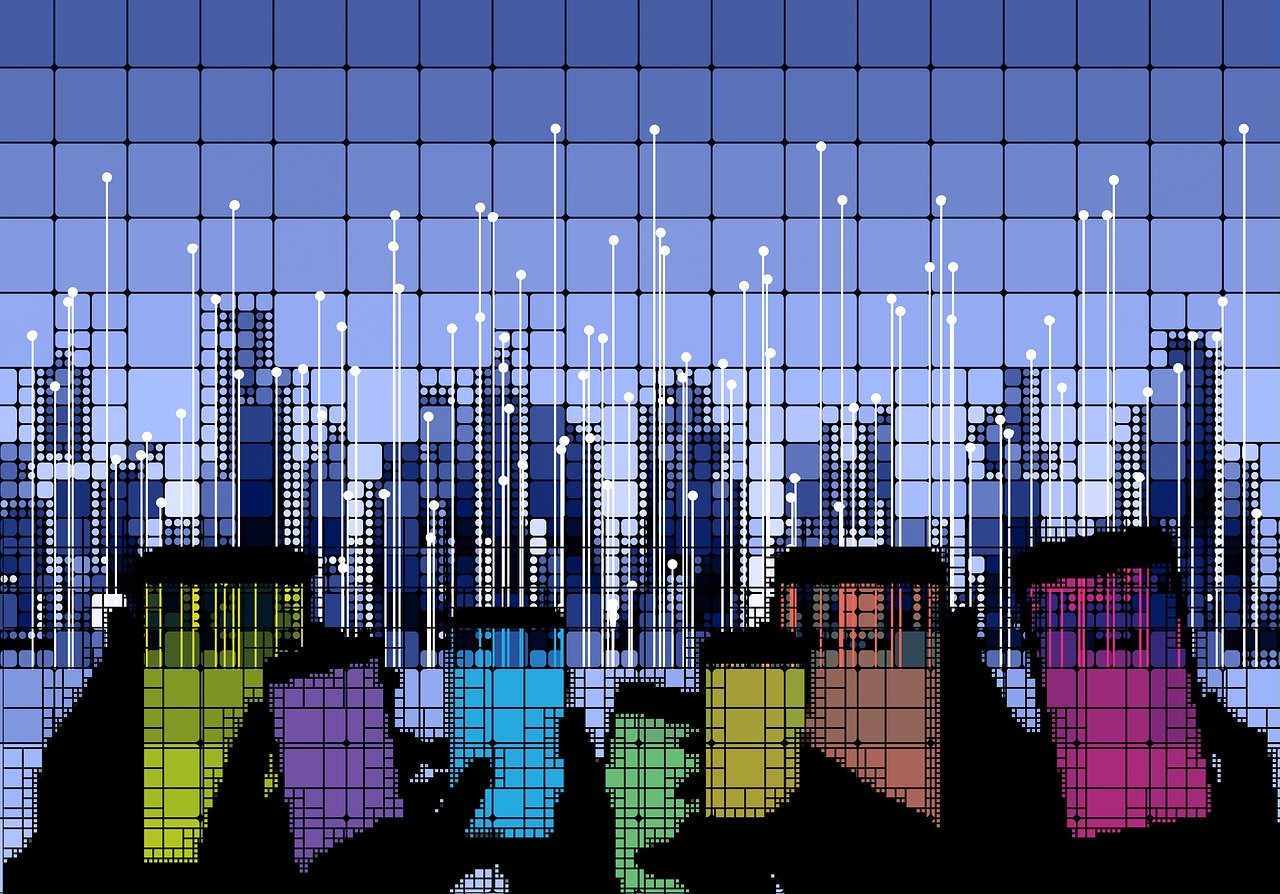 city, skyline, abstract, digital, network, data, buildings, communication, technology, futuristic, urban, colorful, grid, connection, waves, signal, light, information, system, modern