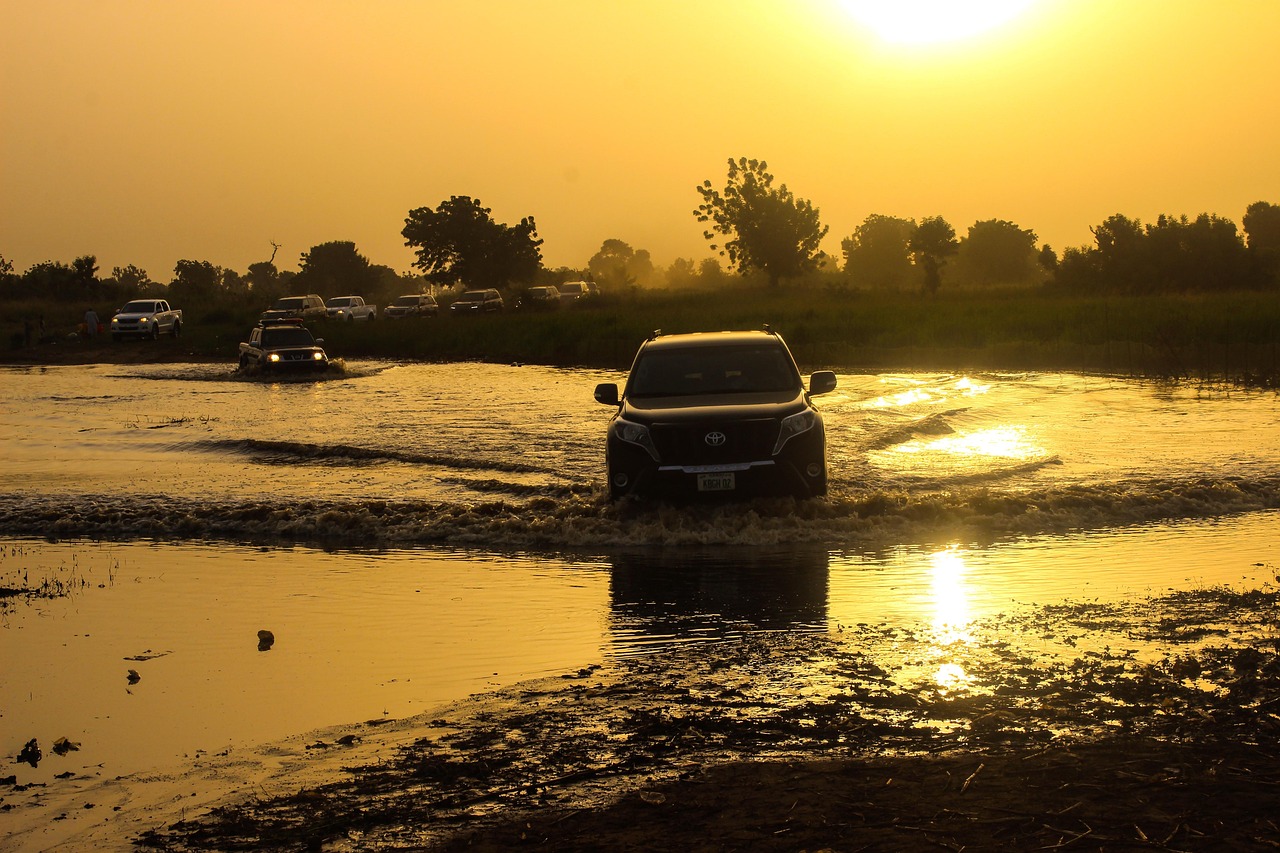 jeep, car, sunrise, water