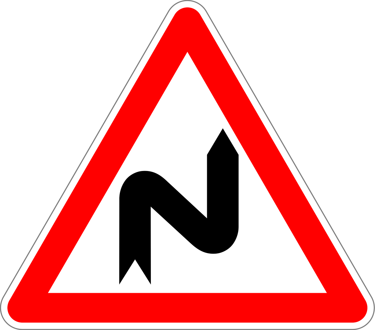 double curve first to right, traffic sign, sign, road sign, roadsign, warning sign, street sign, traffic road sign, warning, red, double curve, right, proceed with extra caution, caution