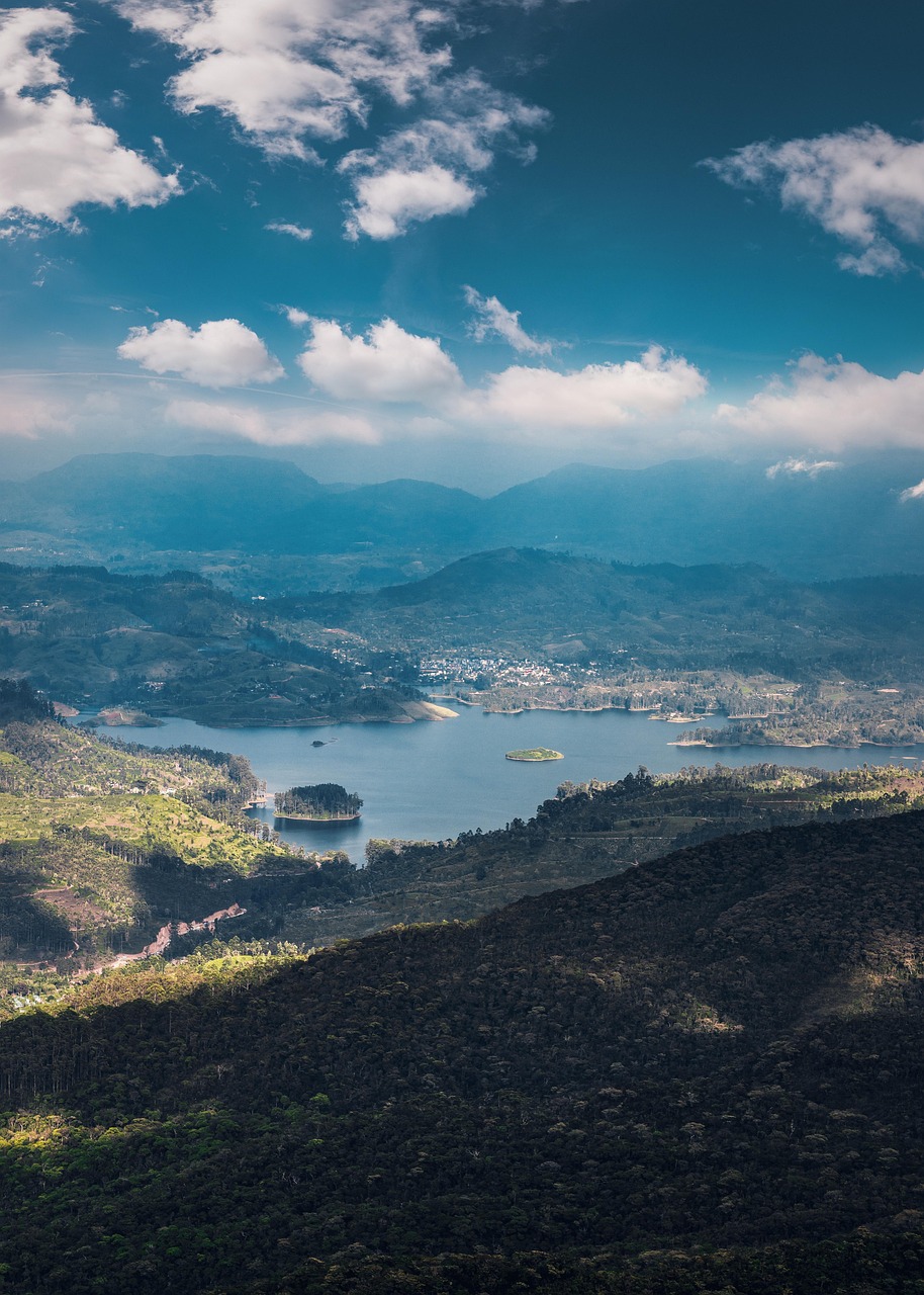 sri lanka, kandy, day, modern, travel destination, illuminated, high rise, landscape, wilderness, grassland, nature, green, outdoor, mountain, lake, water environmental, mountains, clouds, sky, blue, highland, travel, blue travel, blue mountain