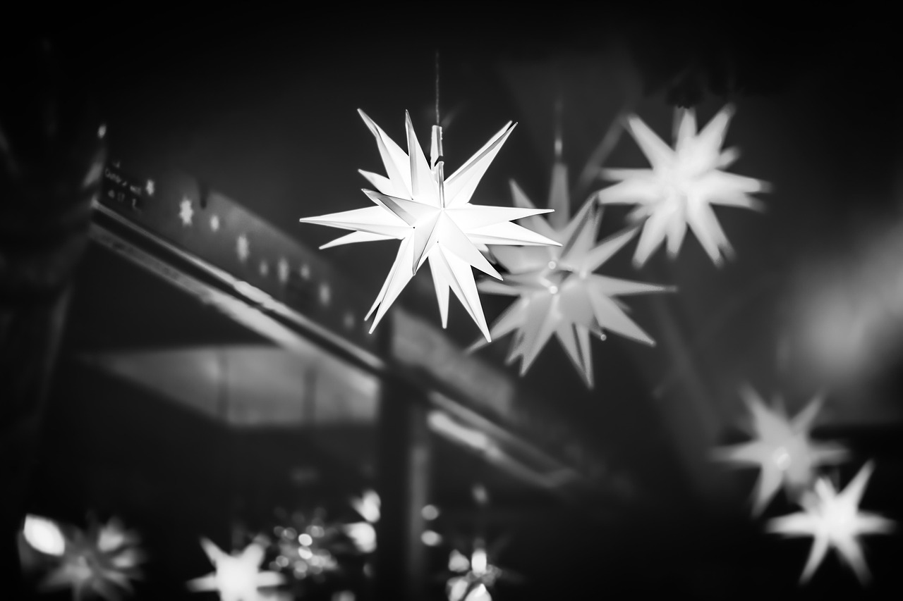 christmas star, christmas decorations, advent, christmas market, christmas time, stars, winter, black-and-white