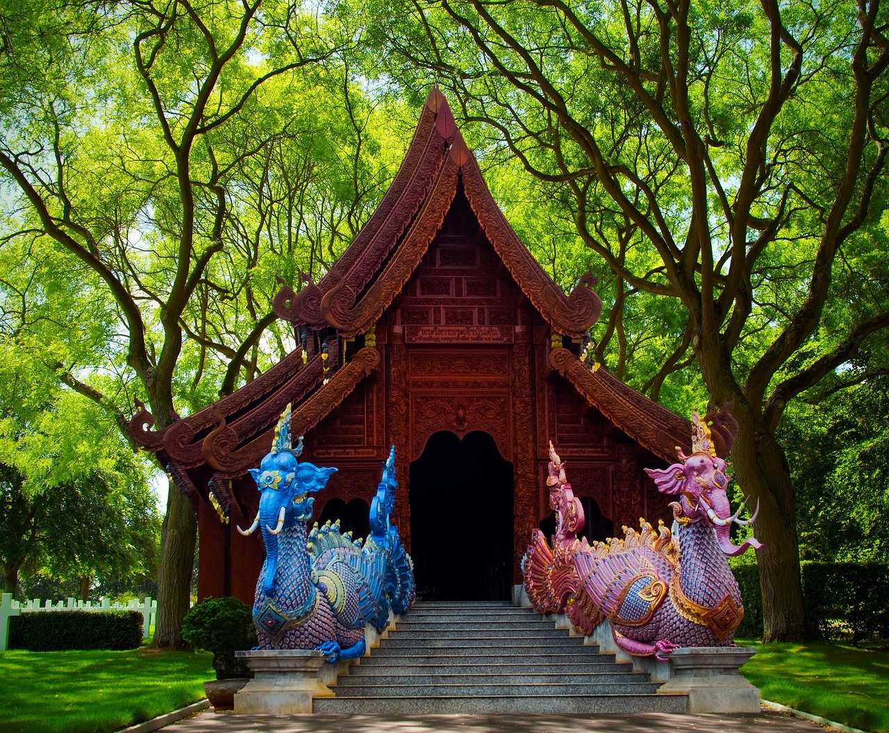 mythical creatures, temple, elephants, dragon, forest, trees, thailand, asia, asian, far east