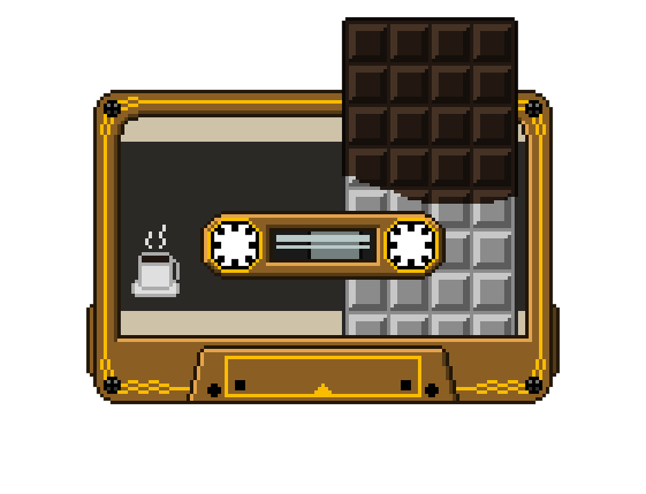 pixel art, cassette, tape, chocolate, pixel, recorder, retro, classic, music, food, coffee, tea, drink, cafe
