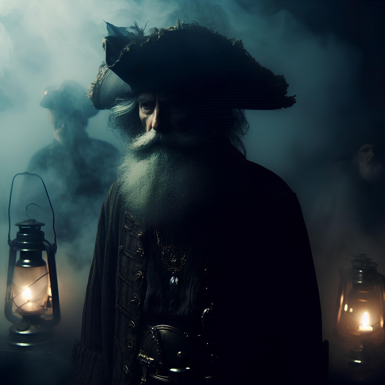 ai generated, pirate, parrot, scull, gun, captain, adventure, sea, costume, cocked hat, human, corsair, filibuster, treasure, character, fog, haze, smoke, lamps, lighting, flashlight, lights