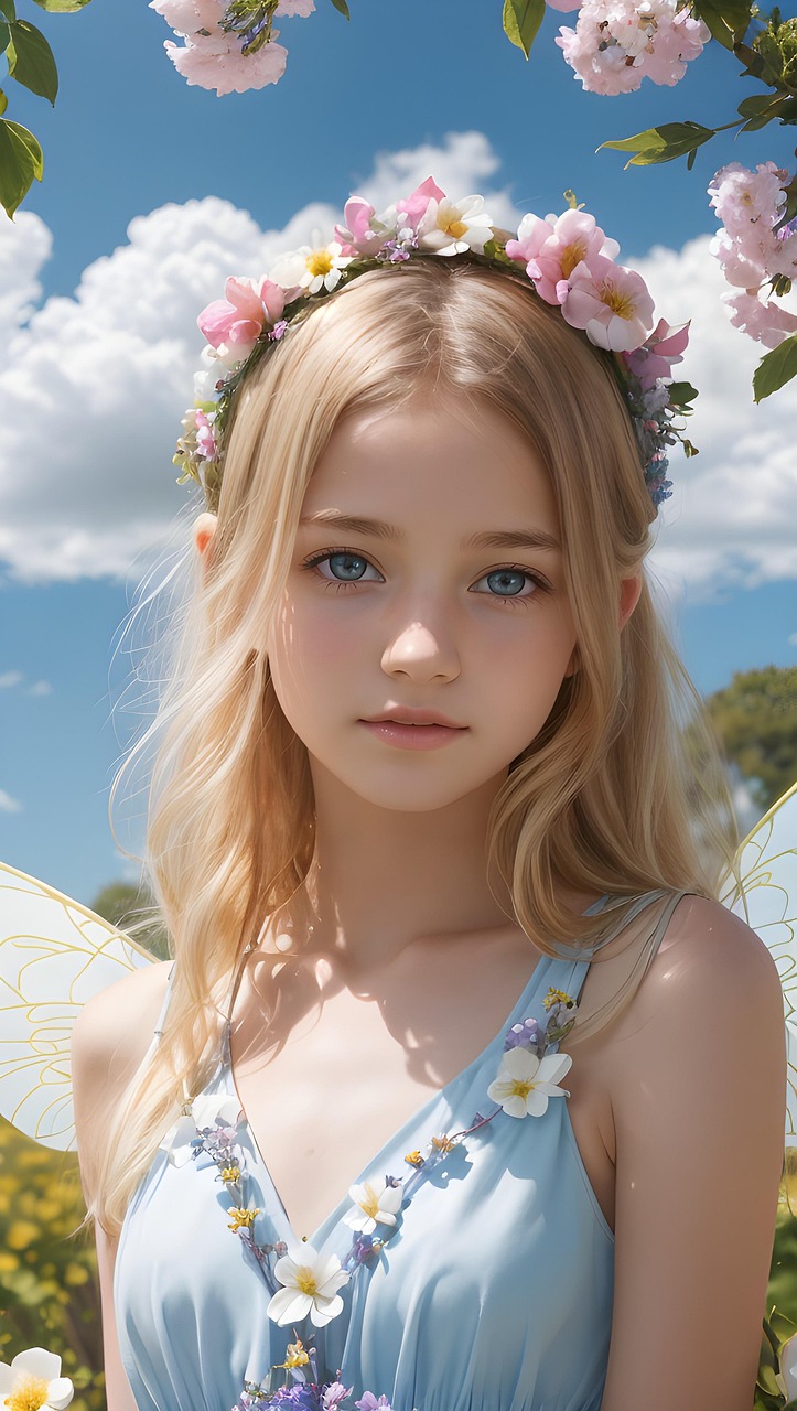 fairy, garden, the garden fairy, sun, summer day, blue sky, clouds, fantasy, oh created