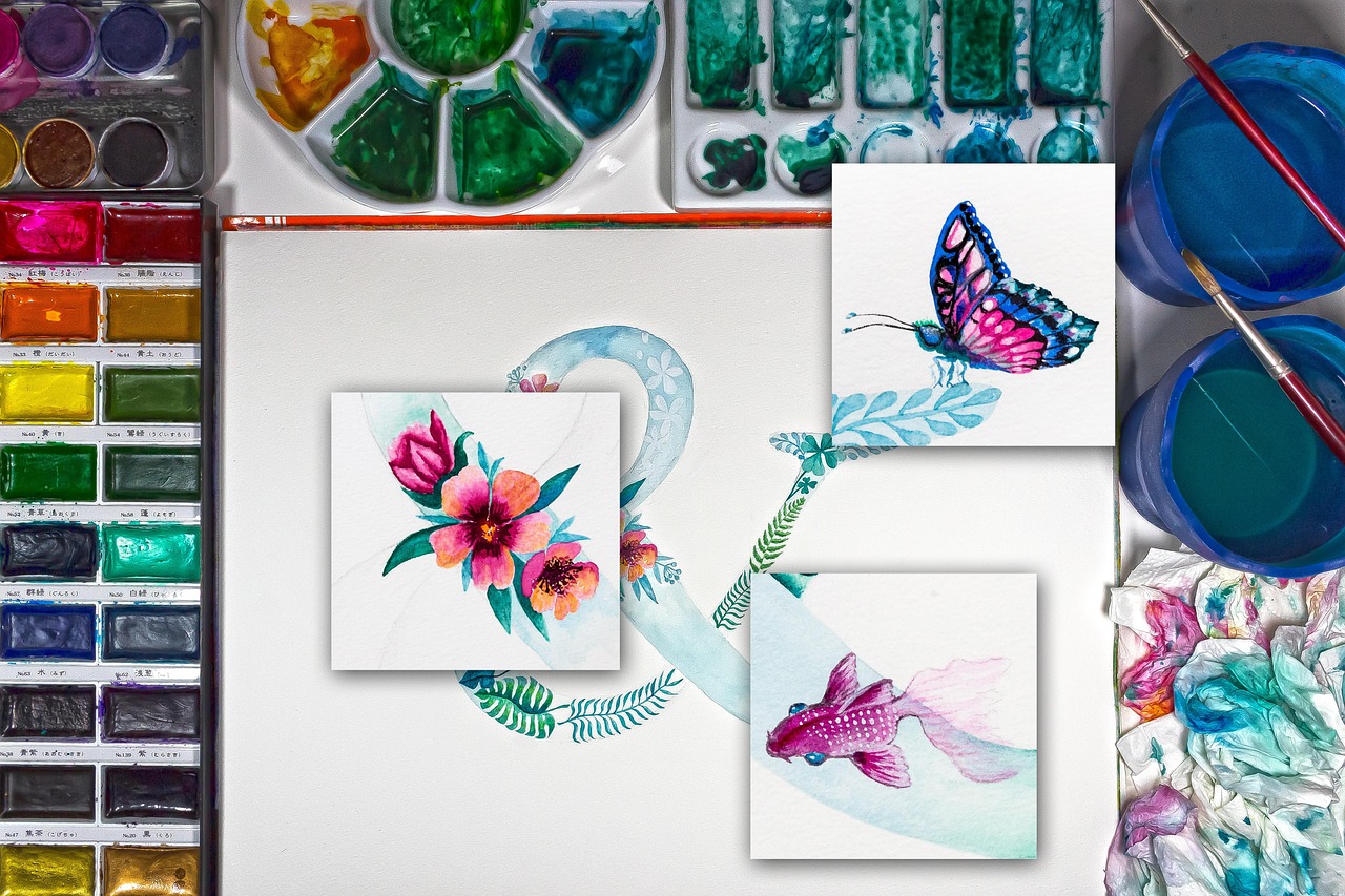 watercolor, watercolor colors, to paint, painting technique, paint brush, painted, colour, detail, blossom, bloom, fish, butterfly, decoration, painting, nature