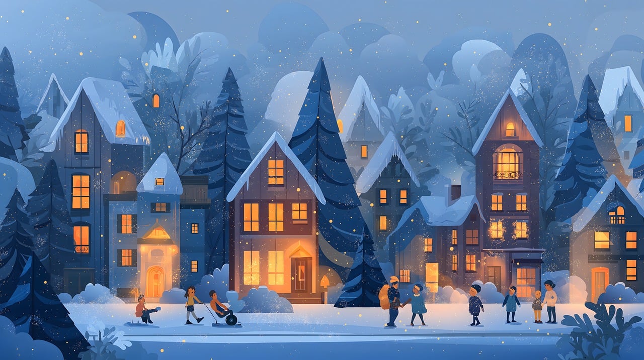 winter village, snowy scene, cozy houses, warm lights, evening, dusk, festive, holiday, christmas, winter wonderland, charming, village life, snowfall, night, illuminated, peaceful, idyllic, rural, traditional, winter landscape, glowing windows, people outdoors, ai generated