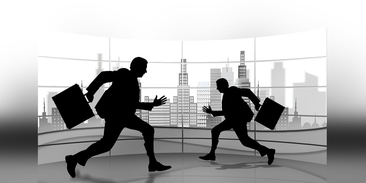business people, businessman, skyscrapers, city, skyscraper, starting work, hectic, working time, run, timer, stress, profession, stock exchange, silhouette, escape, tension, burnout, psychology, psychotherapy, skyline