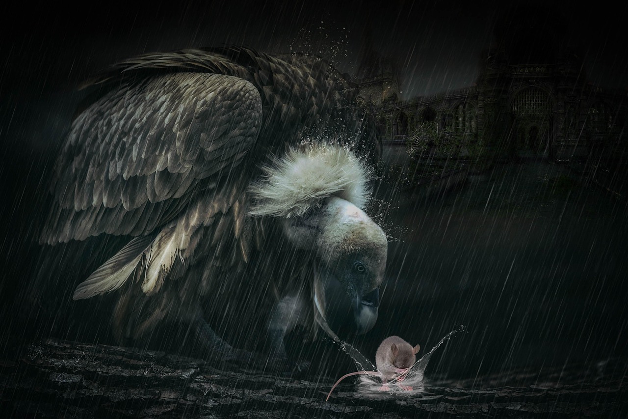 fantasy, vulture, mouse, rain, fantasy picture, photomontage, animals, castle, magic