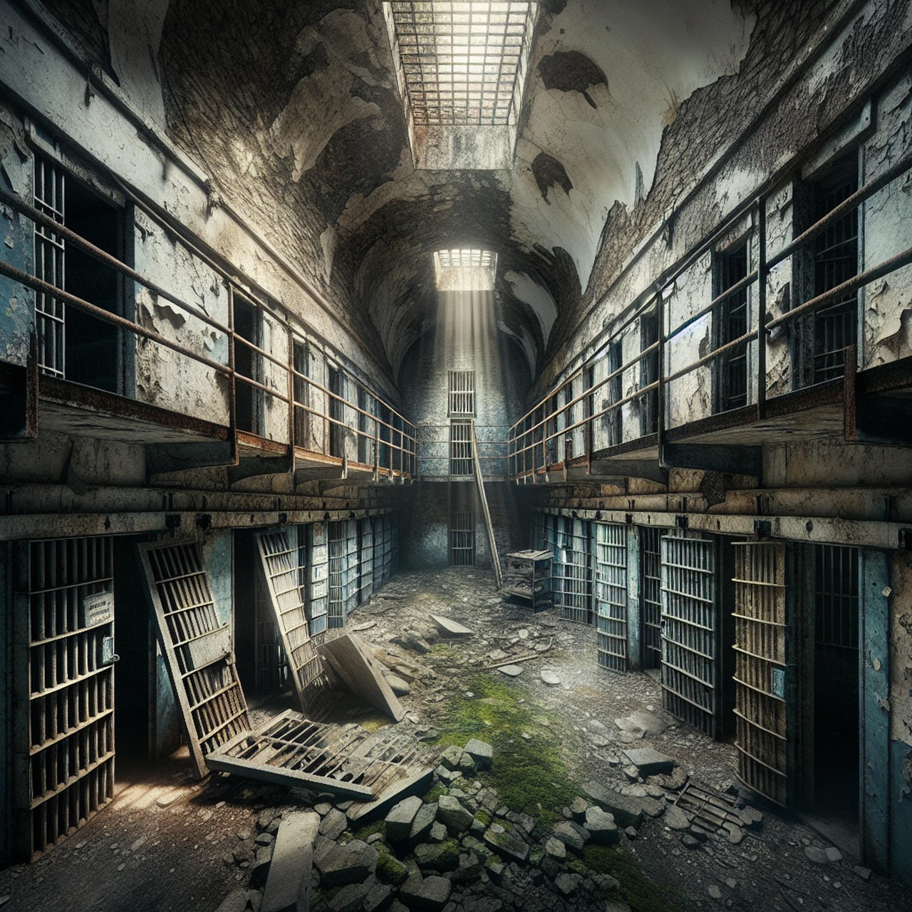 ai generated, building, abandoned, old, horror, dark, scary, ruins, destruction, architecture, prison, cells