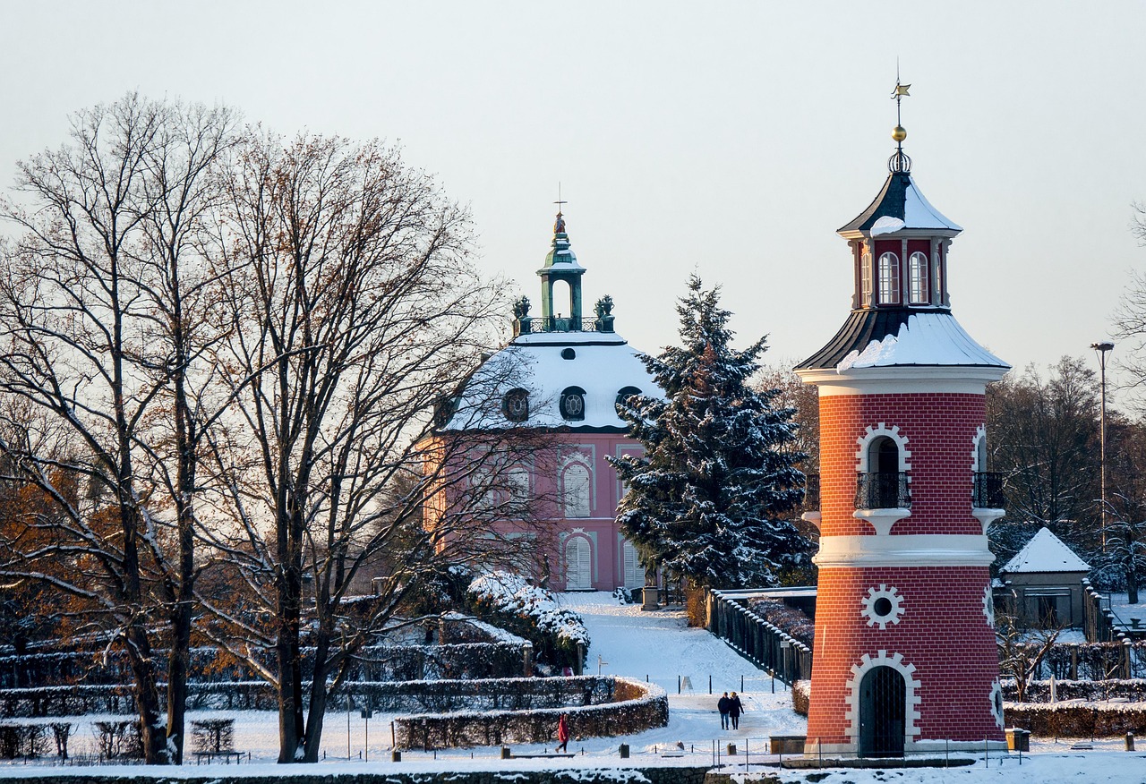 lighthouse, pheasant castle, snow, ice, winter, saxon baroque, moritzburg