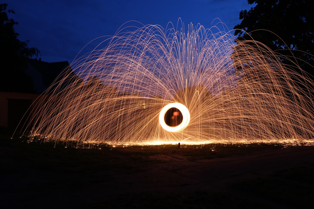 sparks, steel wool, light painting, light, swirl, spin, night, evening, light game, long exposure, steel wool photography