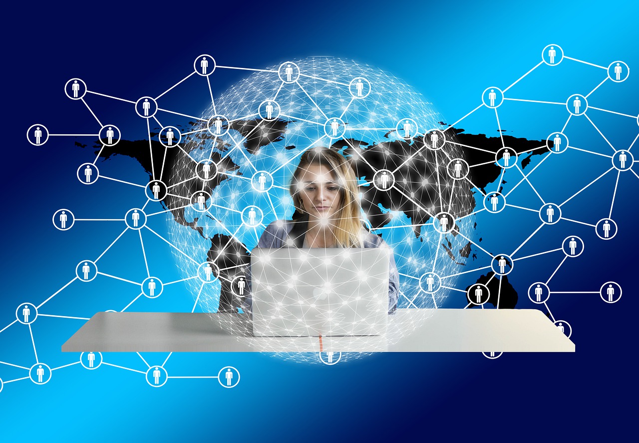 system, web, network, woman, businesswoman, laptop, desk, connection, viral, viral marketing, connected, with each other, together, points, lines, interfaces, contact, relationship, cooperation, interdependence, knot, global