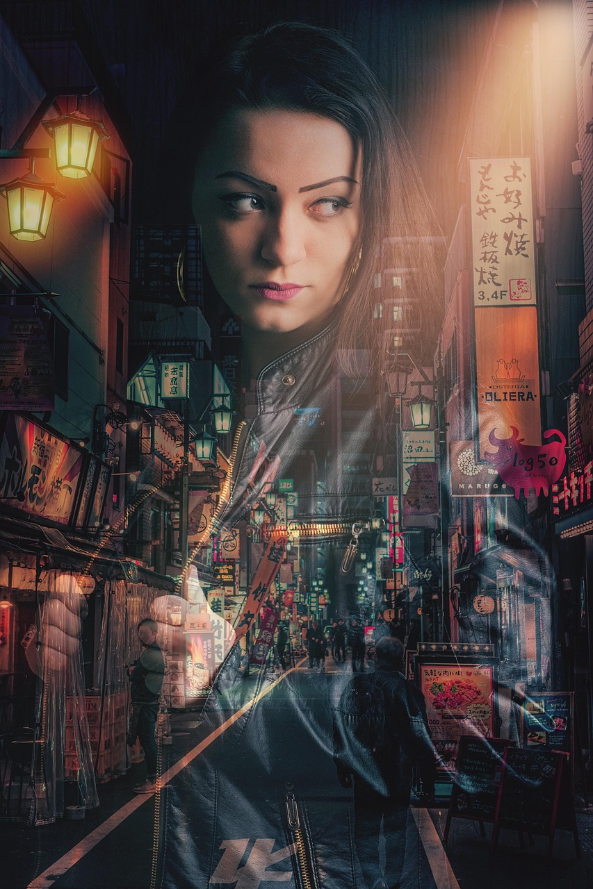 japan, night, woman, tokyo, double exposure, poster