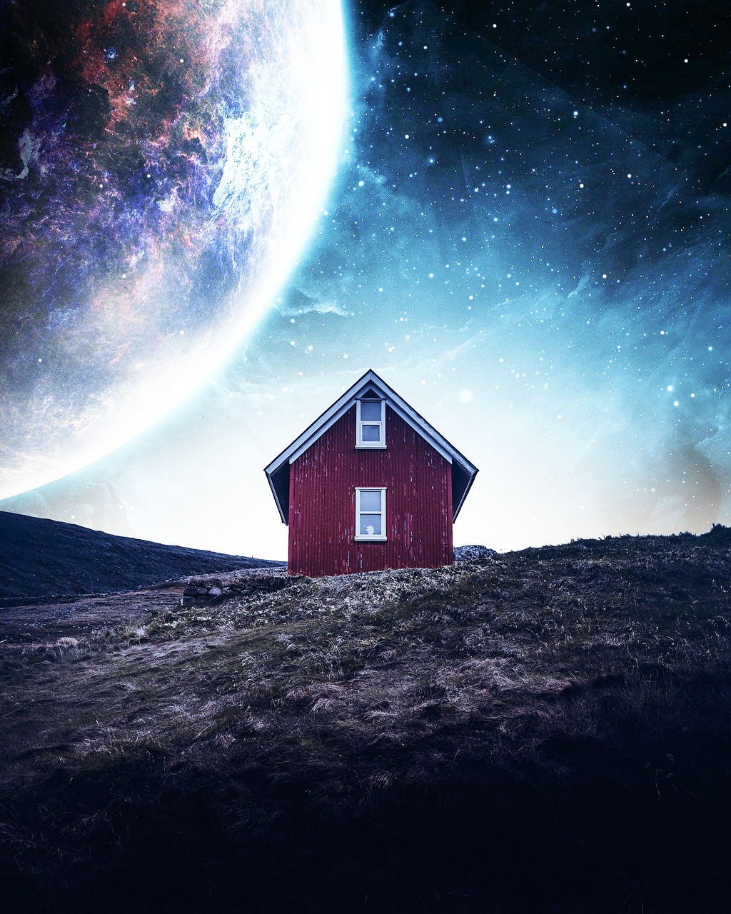 planet, cottage, space, cosmos, astronomy, night, sky, cabin, nature, landscape, fantasy, dream