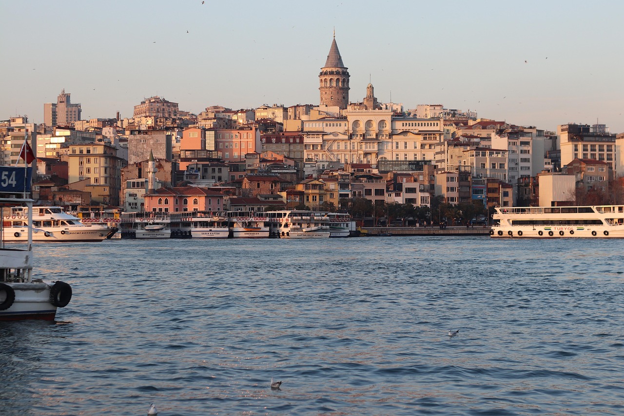 galata, istanbul, marine, tower, turkey, city, architecture, water, boats, view, tourism