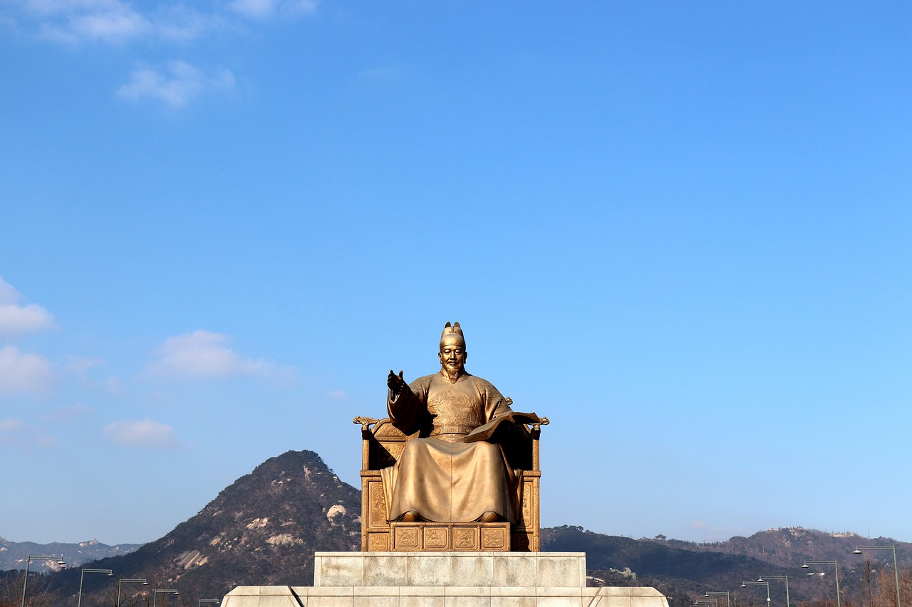 sculpture, rescue, outdoors, heaven, travel, monument, blue sky, religion, art, city, people, spirituality, symbol, building, stone, male, king sejong, gyeongbok palace, gwanghwamun, seoul, republic of korea, south, king sejong the great statue, statue, sky, sejong king