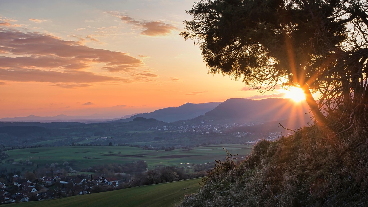 sunrise, castle teck, mountains, valley, countryside, landscape, owen, germany, sunset