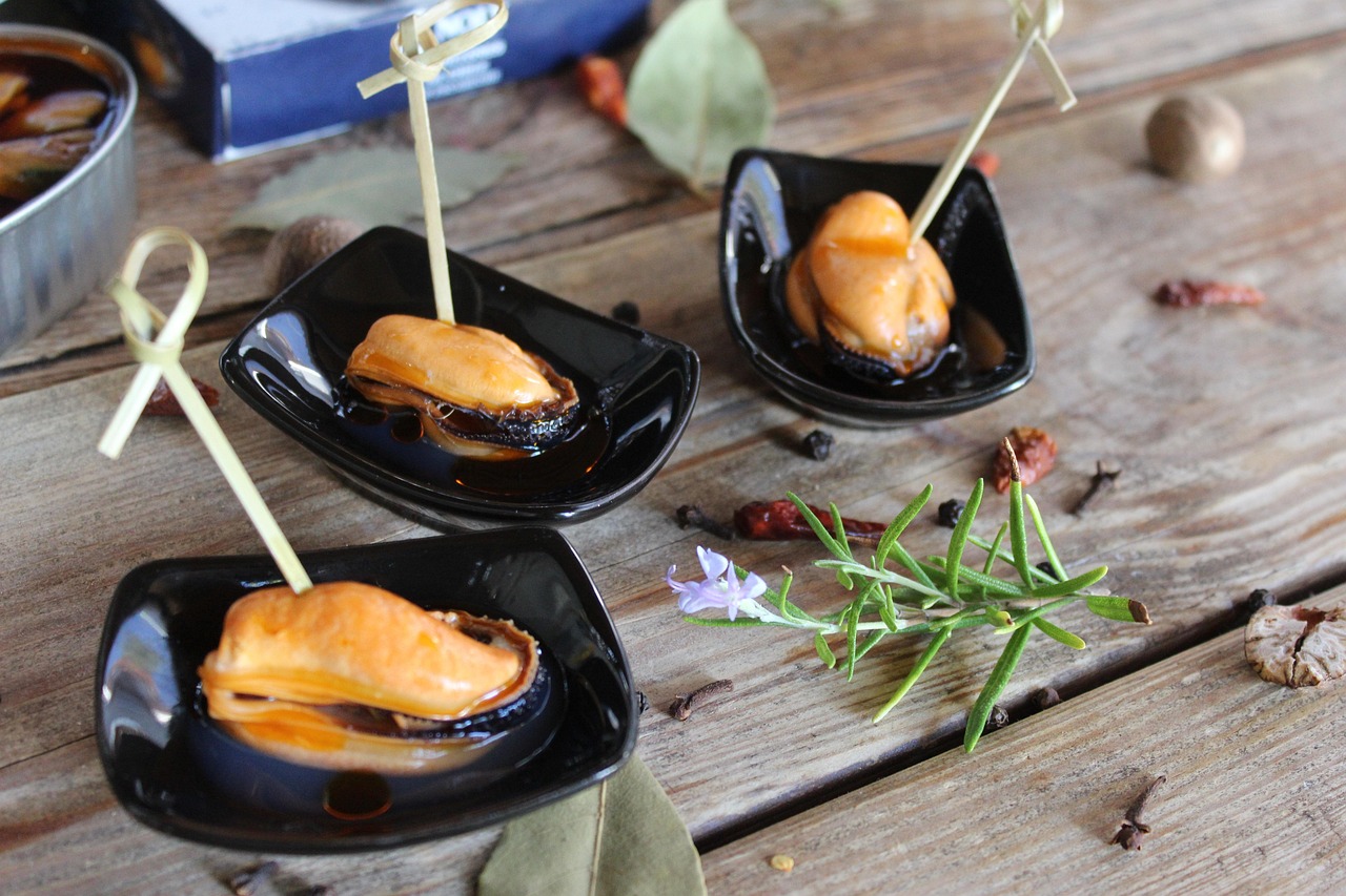meal, dish, plate, pickled mussels, entry, table, surface, cuisine