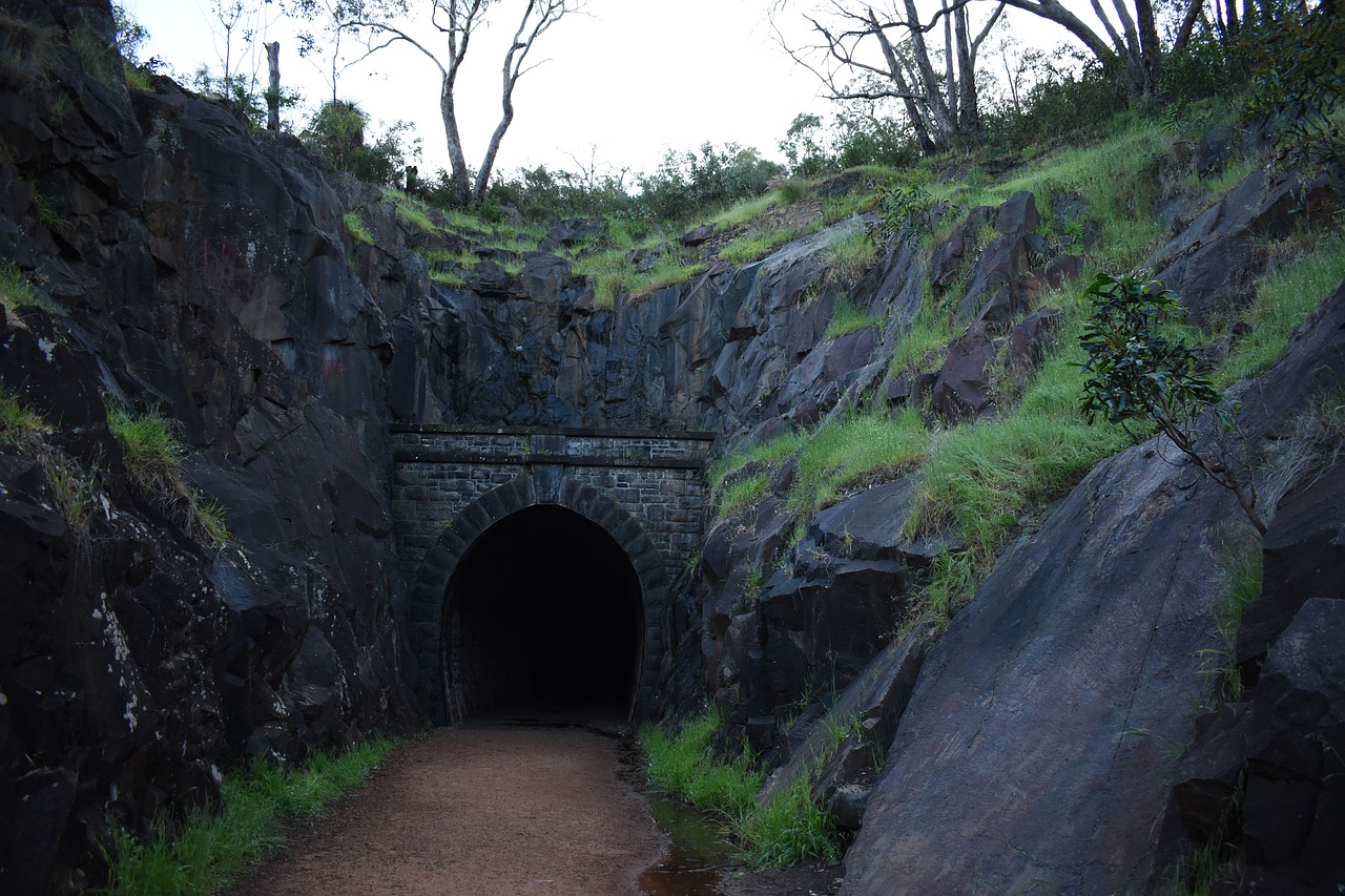 tunnel, pathway, railway, road, rocks, underground, train, train tunnel, plants, grass