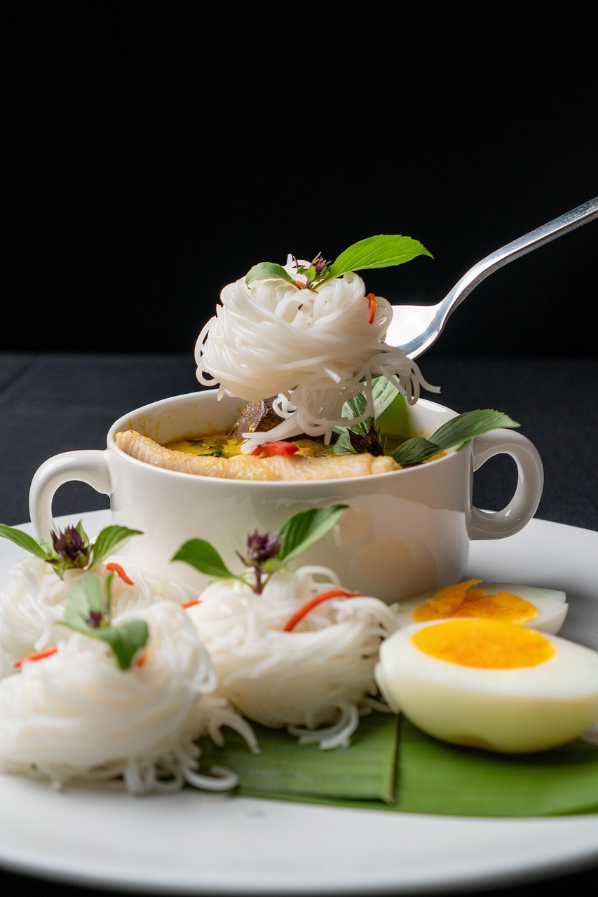 thai food, rice noodles, food, meal, dish, cuisine, healthy, tasty, spicy, dinner, lunch, vegetables, noodles, thai, delicious, green curry, curry, chicken, eggplant, eggs, boiled eggs, asian, thailand
