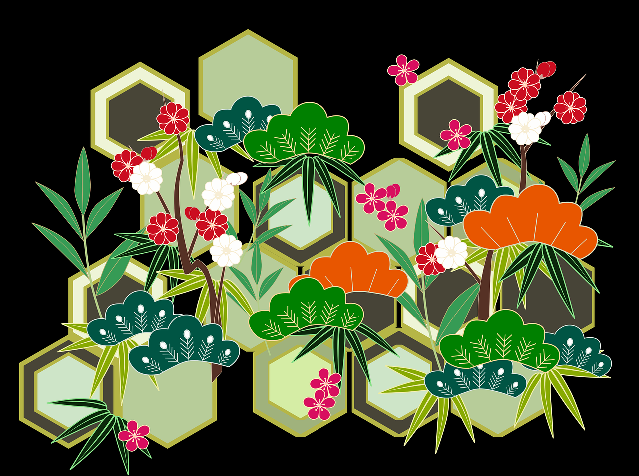 new year, japan, japanese style, traditional, blessing, auspicious, shochikuume, background, japanese pattern, plant, tortoise shell