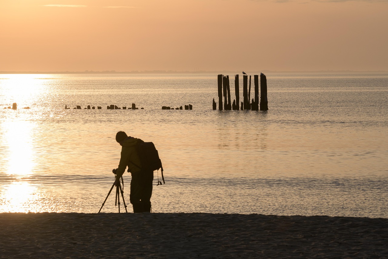 baltic sea, sunset, taking photos, photographer, sunrise, man, morning, silhouette, nature, sea, ocean