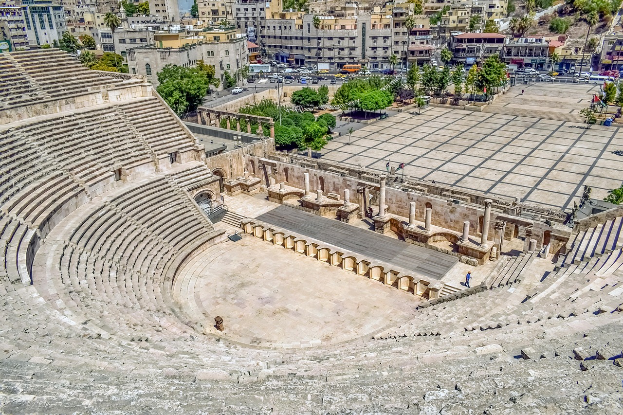 roman theatre, 2nd century, landmark, architecture, travel, city, historic, tourism, famous, monument, downtown, old town, amman, jordan, brown theater