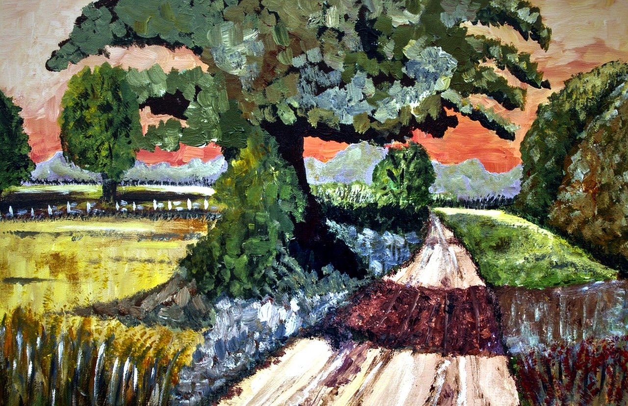 painted landscape, brush strokes, acrylic paint, canvas