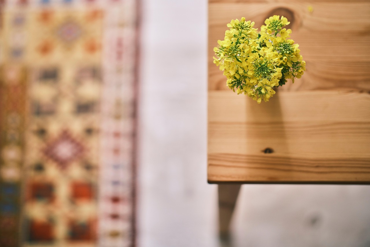 flowers, decoration, table, yellow flowers, vase, houseplant, decor, decorative, wooden table