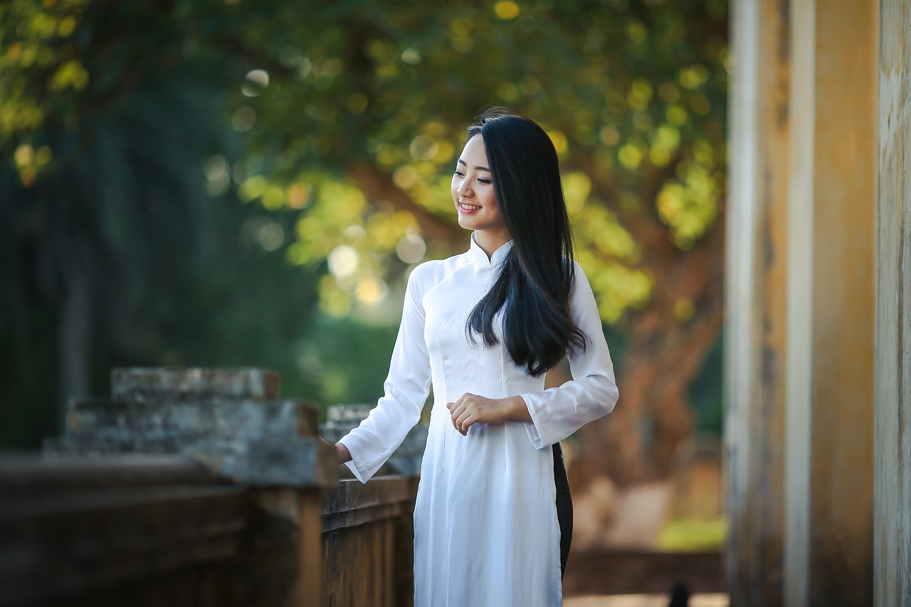 asian, dress, adult, traditional dress, white dress, smile, smiling, fashion, girl, model, outdoors, person, portrait, traditional, vietnam, vietnamese, woman, young