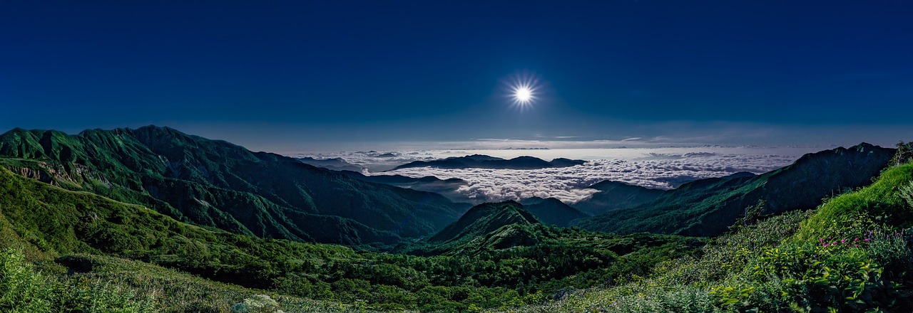 landscape, panorama, night, mountain, moonlight, sea of clouds, hakusan, ishikawa prefecture, japan