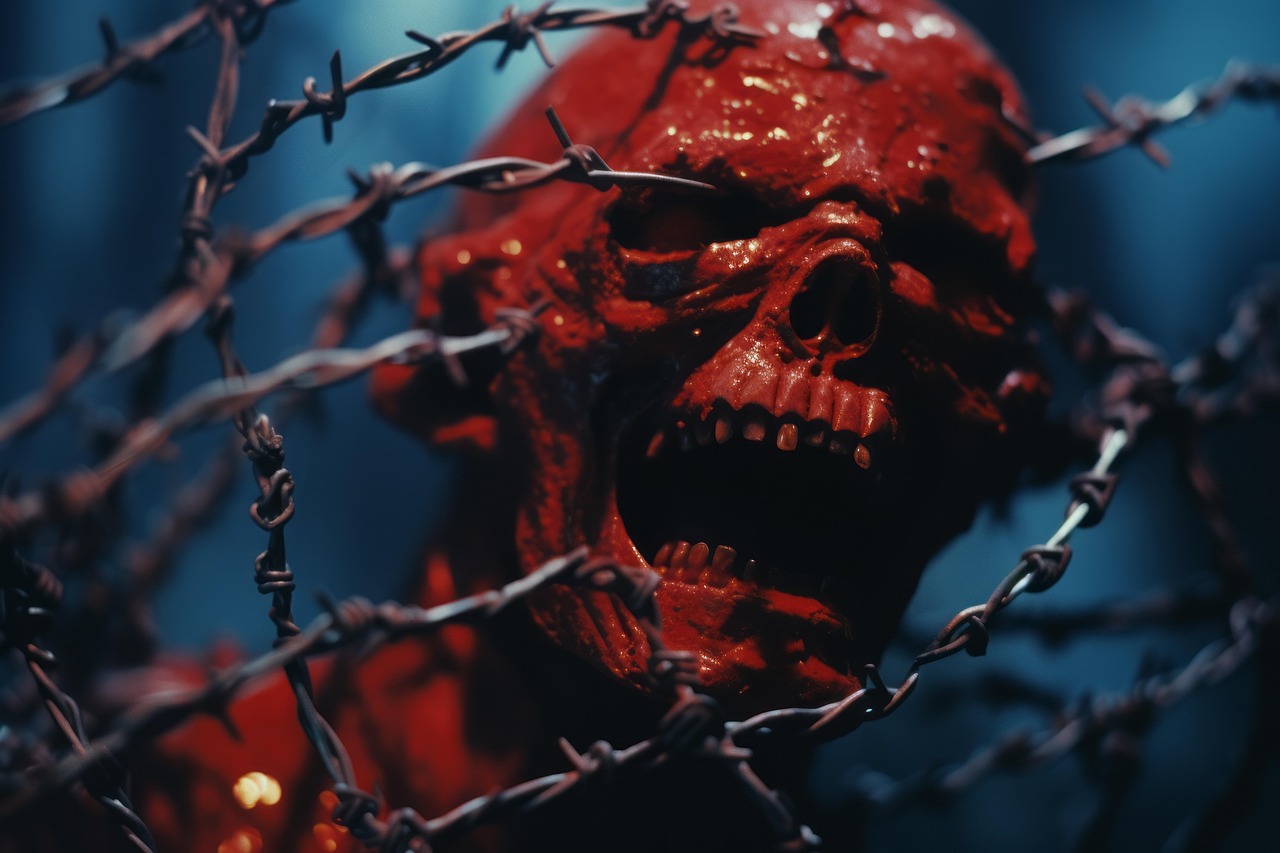 ai generated, skull, demon, tortured, danger, sharp, dark, eerie, devil, creepy, scary, horror, hell, purgatory, soul, wire, evil, forsaken, rejected, monster, satan, skeleton, pain