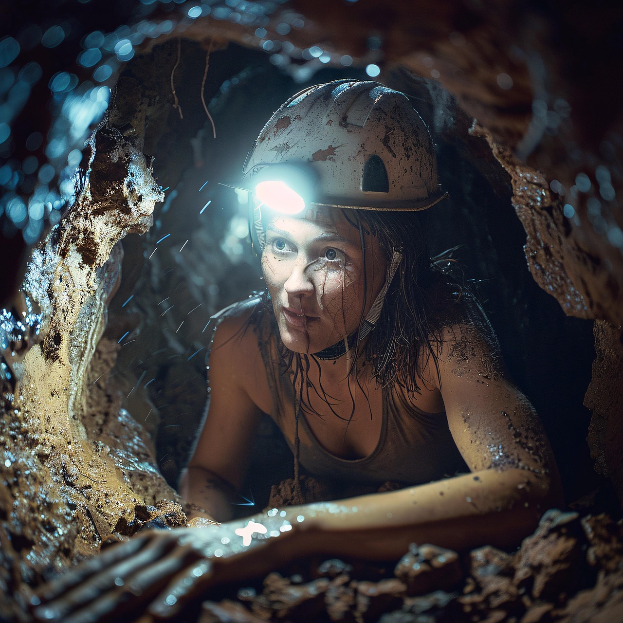 ai generated, cave, caving, explorer, woman, headlamp, underground, narrow, spelunking, helmet, adventure, subterranean, passage, crawling, confined, exploration, rock, geology, dirt, headlight, safety, gear, hardhat, darkness