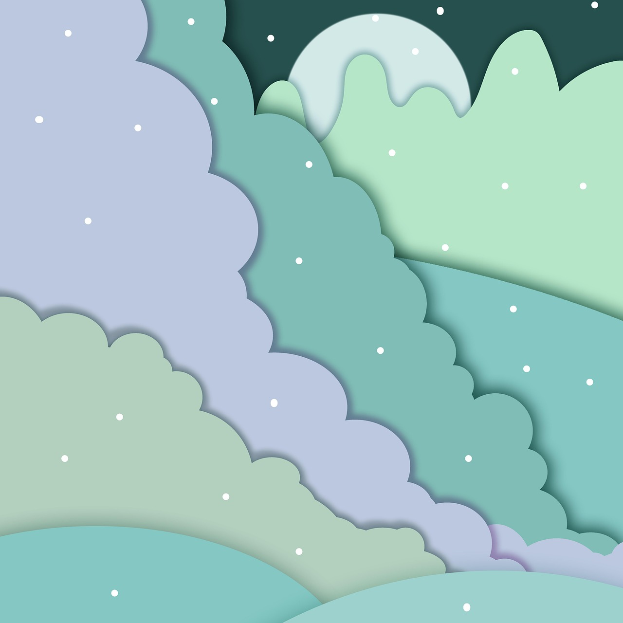 winter, snow, mountains, nature, landscape, season, christmas, atmosphere, background, simple, drawing, design, moon, evening, blue, water, waterfall