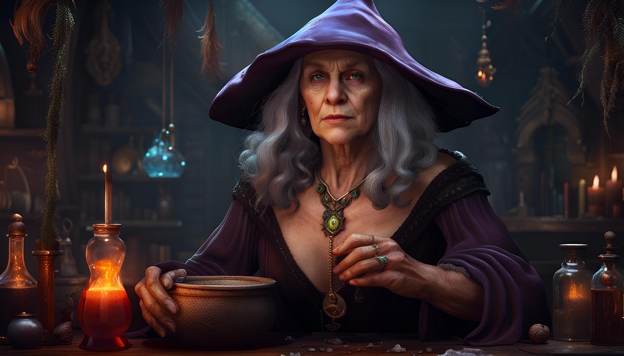 witch, old, woman, fantasy, portrait, sinister, room, ai generated