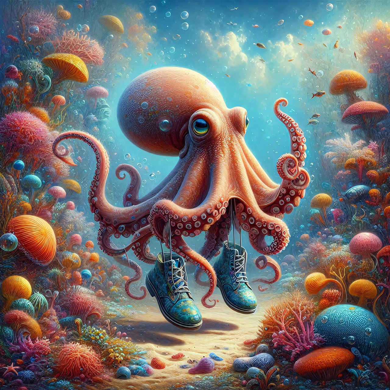 octopus, shoes, fantasy, funny, underwater, ocean, sea, bubbles, coral, reef, tropical, ai generated