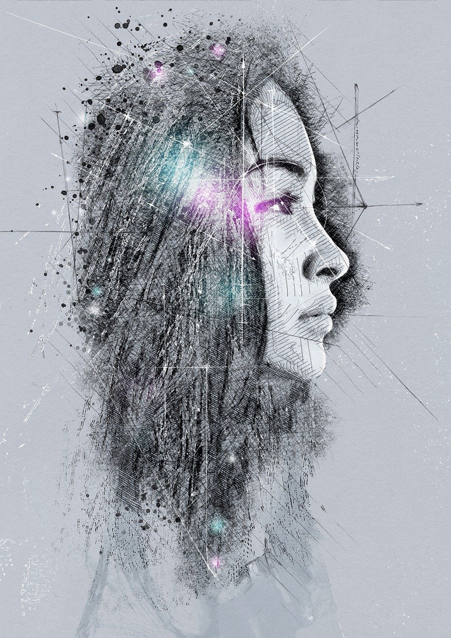 sketch, hand drawn, art, artistic, effect, shadow, technical drawing, drawing, mixed media, abstract, design, girl, profile, portrait, glow, creative, woman, future, blue future, blue media, blue creative, blue drawing, blue technical