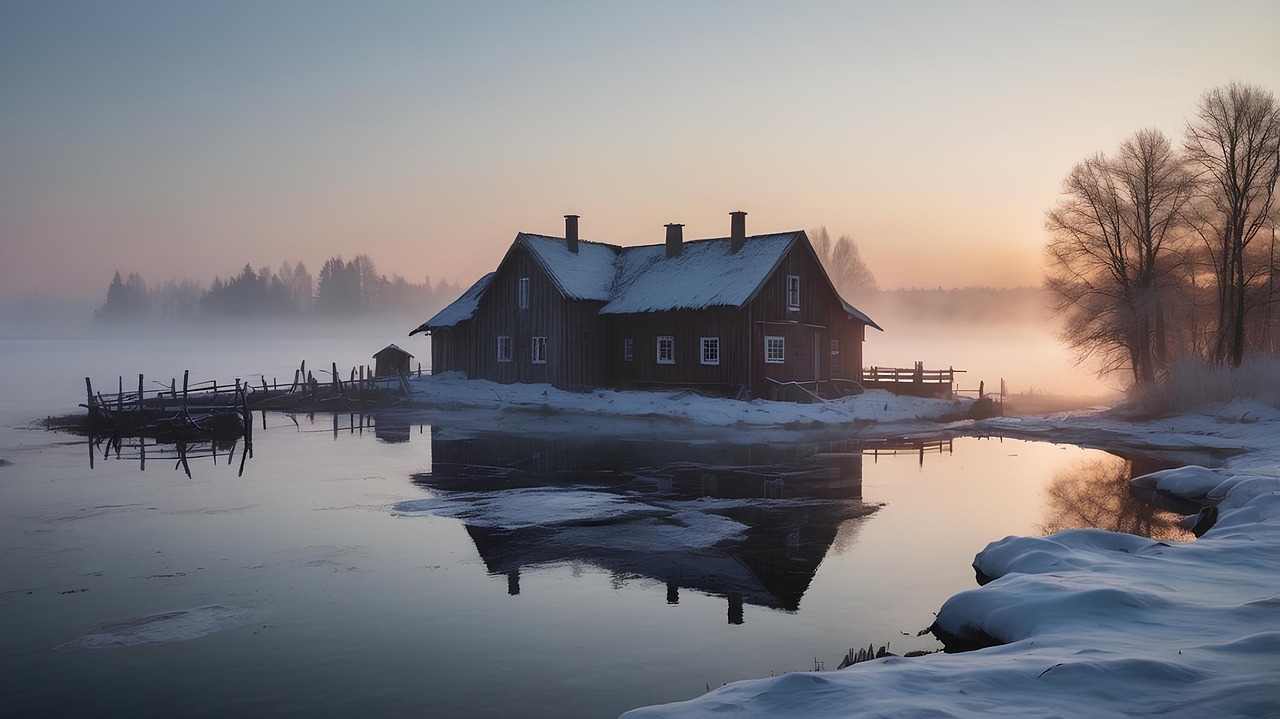 winter, landscape, snow, fog, ice, nordic, iceland, house, building, lake, water, ai generated